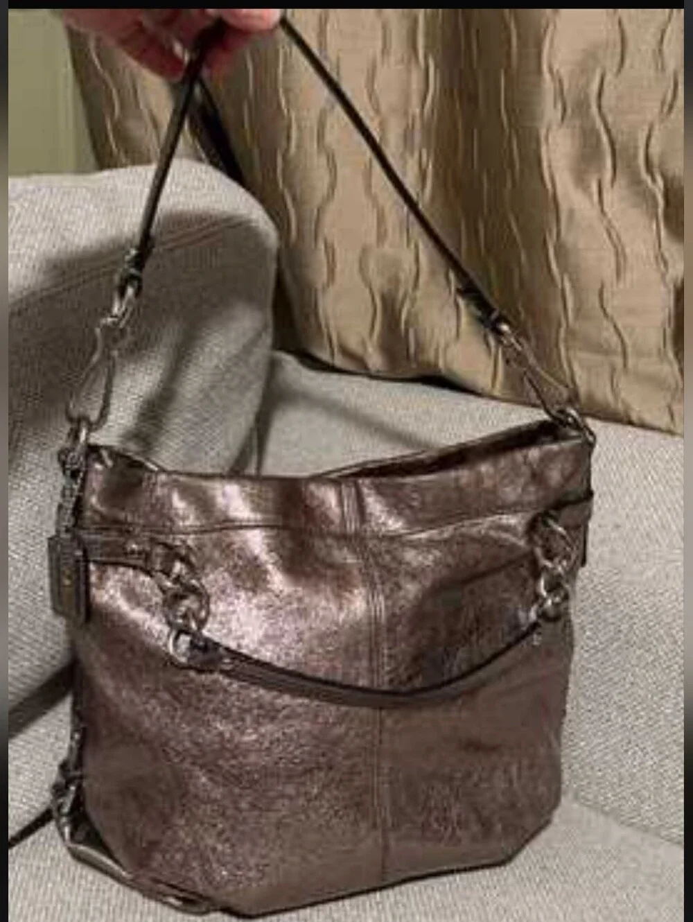 Coach Metallic Pewter Leather Tote - Silver/Brown Tone